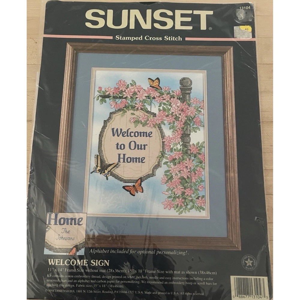 SUNSET Stamped Cross Stitch Kit Welcome Floral Sign #13104 11" x 14" Personalize